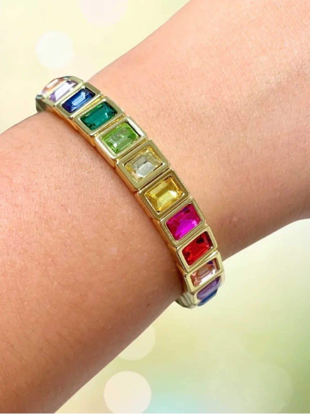 Gold Multicolor Rainbow Road Dream Rectangle Gem Rhinestone Stretch Bracelet
